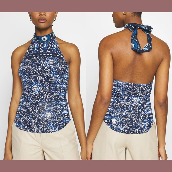 NWT Free‎ People [SZ Large ] Madagascar Halter Tank Top in Indigo Blue - Picture 3 of 12